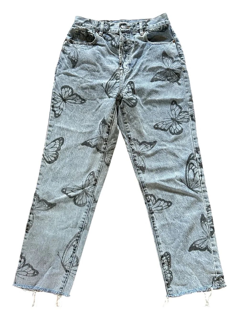 PacSun Light Wash High Rise Straight Jeans with Black Butterfly Pattern